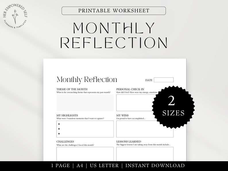Monthly Review Printable - Monthly Reflection - Monthly Planner - Self-Improvement Worksheet - A4 & US Letter - Instant Download PDF