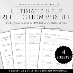 Op de afbeelding: Printbare werkbladenset voor zelfreflectie. De set bevat vier pagina's: dagelijkse, wekelijkse, maandelijkse en driemaandelijkse reflectie. De pagina's zijn zwart-wit en hebben een minimalistisch ontwerp.