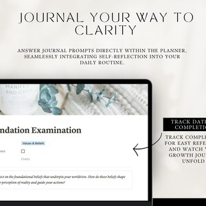 journal your way to clarity, track dates and completion, mock-up of one self-discovery journal prompt, growth journey