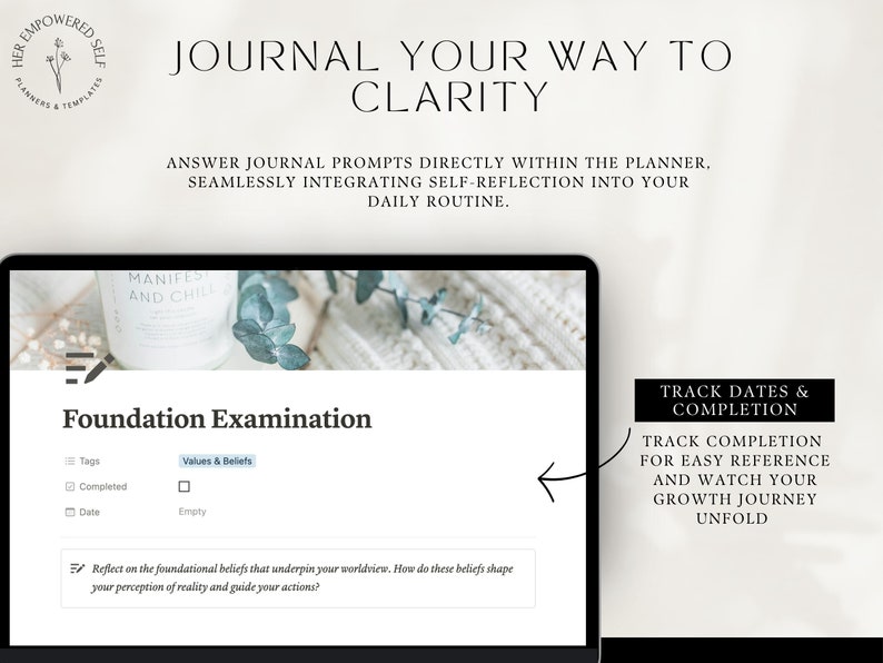 journal your way to clarity, track dates and completion, mock-up of one self-discovery journal prompt, growth journey