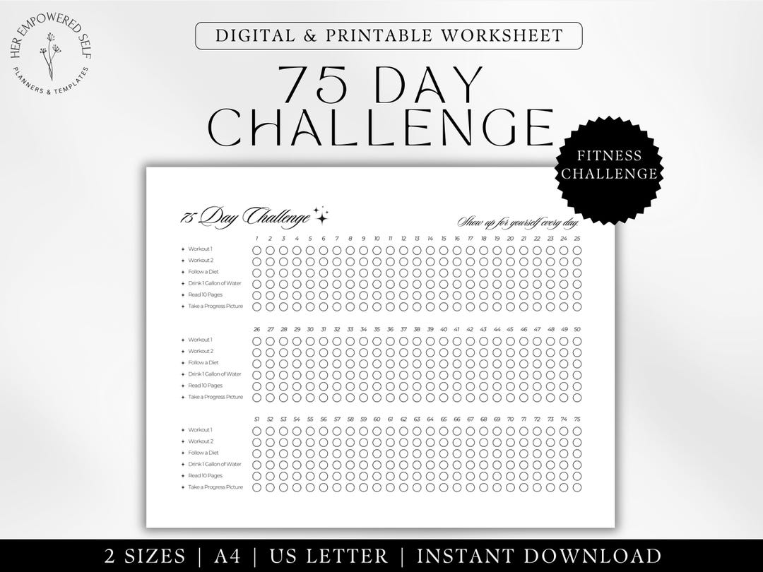 75 Day Challenge Printable PDF Aesthetic Minimalist 75-day Fitness ...
