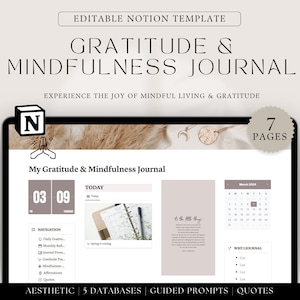 Editable notion template, gratitude and mindfulness journal, aesthetic notion template, guided prompts, quotes