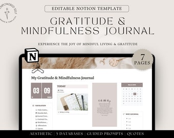 Gratitude and Mindfulness Journal, Aesthetic Notion Template, Personal Growth Journaling, Notion Dashboard, Gratitude Planner