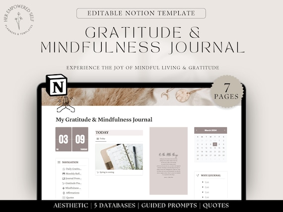 Gratitude and Mindfulness Journal, Aesthetic Notion Template, Personal Growth Journaling, Notion Dashboard, Gratitude Planner