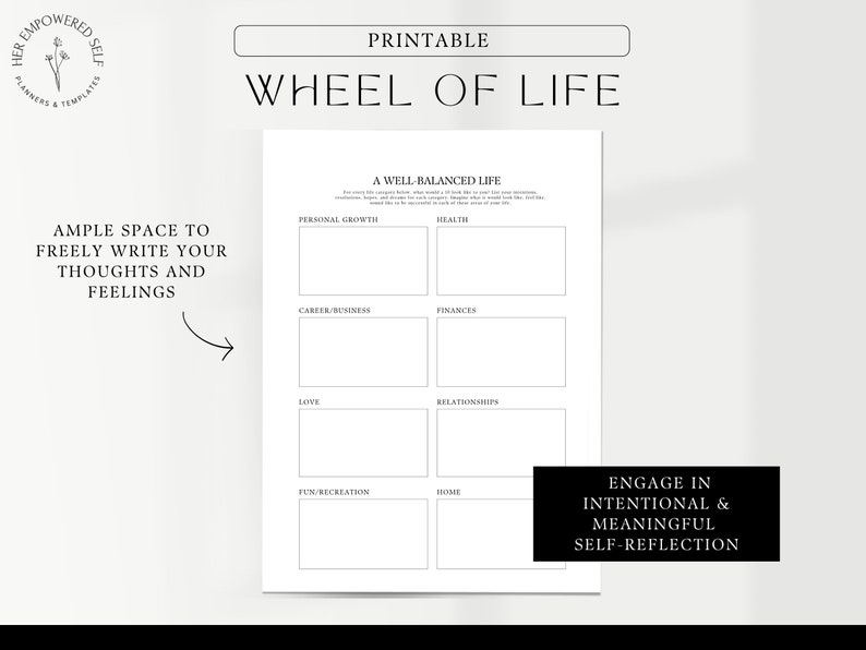 Ample space to write your thoughts, planner, journal, self-reflection wheel of life