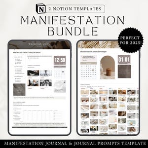 Könnte beinhalten: Zwei Notion-Vorlagen für Manifestations-Tagebücher. Die erste Vorlage ist ein Tagebuch mit einem Kalender und Abschnitten für tägliche Affirmationen, Dankbarkeit und Absichten. Die zweite Vorlage ist eine Sammlung von Tagebuch-Aufforderungen.