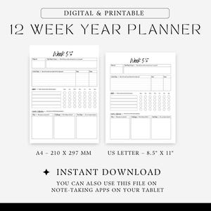12 week year planner, instant download, 1 mock ups, a4, us letter, tablet, printable or digital