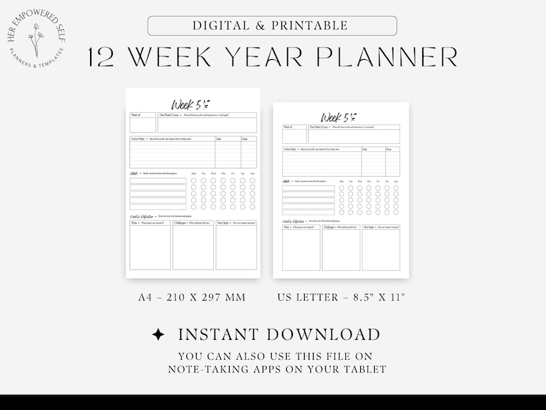 12 week year planner, instant download, 1 mock ups, a4, us letter, tablet, printable or digital