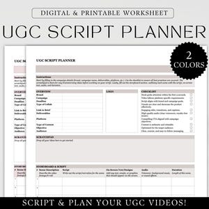 Könnte beinhalten: Ein druckbares Arbeitsblatt mit dem Titel "UGC Script Planner" mit einer Checkliste und einem Storyboard zur Planung von benutzergenerierten Inhalten (UGC) Videos. Das Arbeitsblatt soll bei der Planung und Organisation von Videoinhalten helfen, einschließlich Skript, Visualisierungen, Audio und Bildschirmtext.
