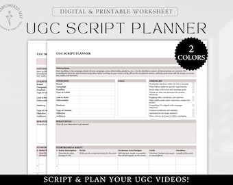 UGC Script Planner Printable Video Script Planner Content Creator Template UGC Creator Template Content Creation Planner for Social Media