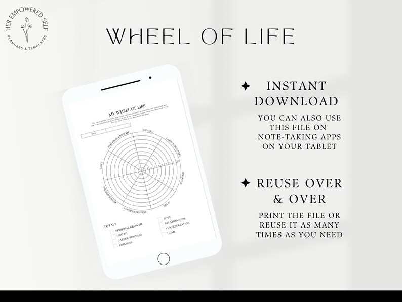 instant download, use on tablet, printable, reusable, wheel of life, life wheel, life balance worksheets