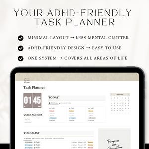 your adhd friendly task planner, minimal layout, easy touse, lessmental clutter, one system, coversall areas of life