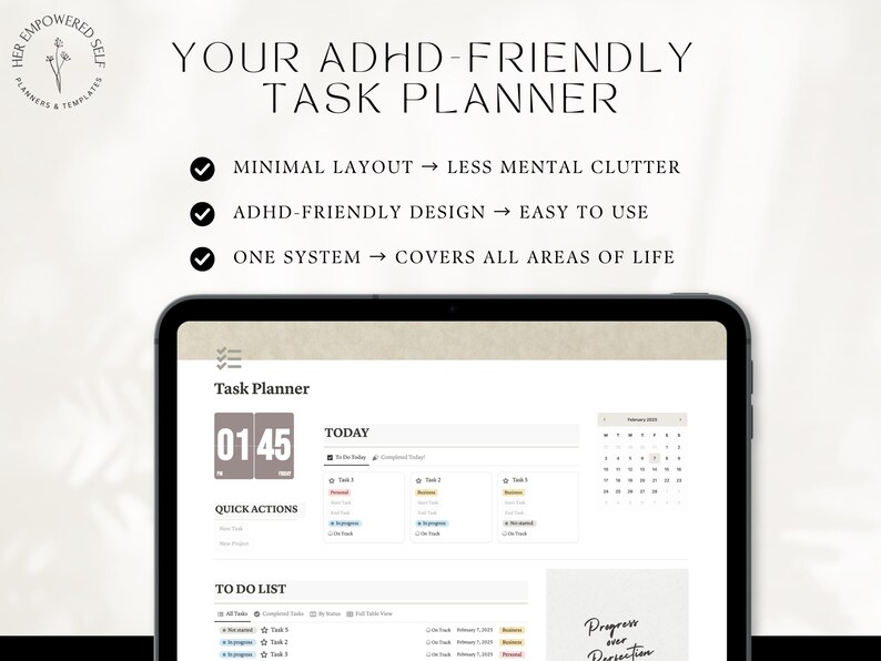 your adhd friendly task planner, minimal layout, easy touse, lessmental clutter, one system, coversall areas of life
