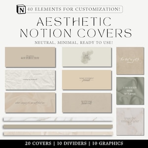 Può includere: Un mockup di prodotto digitale che presenta 40 elementi personalizzabili per le copertine di Notion. L'immagine mostra una griglia di 10 copertine diverse con design neutri e minimalisti e testo come "Fidati del ritmo della tua vita" e "Renditi orgoglioso".