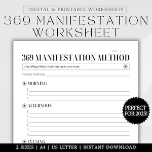Könnte beinhalten: Ein schwarz-weißes druckbares Arbeitsblatt mit dem Titel "369 Manifestation Method". Das Arbeitsblatt enthält einen Abschnitt für "Currently Manifesting" und Abschnitte für "Morning", "Afternoon" und "Evening" mit Zeilen zum Schreiben. Der Text "Perfect for 2025!" befindet sich in einem schwarzen Kreis.