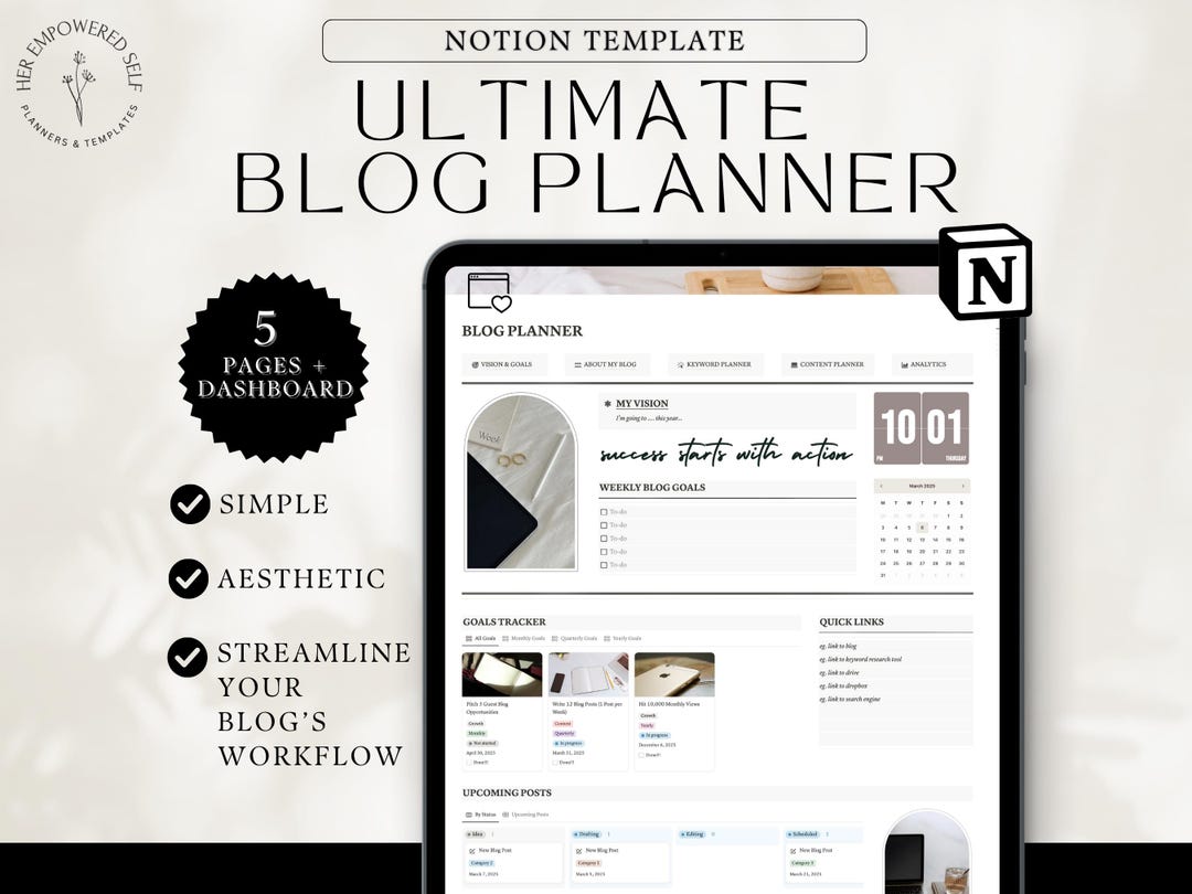Blog Planner Notion Template Aesthetic Blogger Content Calendar Blog ...