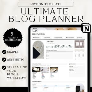 May include: A Notion template for a blog planner with the text "ULTIMATE BLOG PLANNER" and "success starts with action". The template includes sections for goals, weekly blog goals, upcoming posts, and quick links. The template is designed to help bloggers streamline their workflow.
