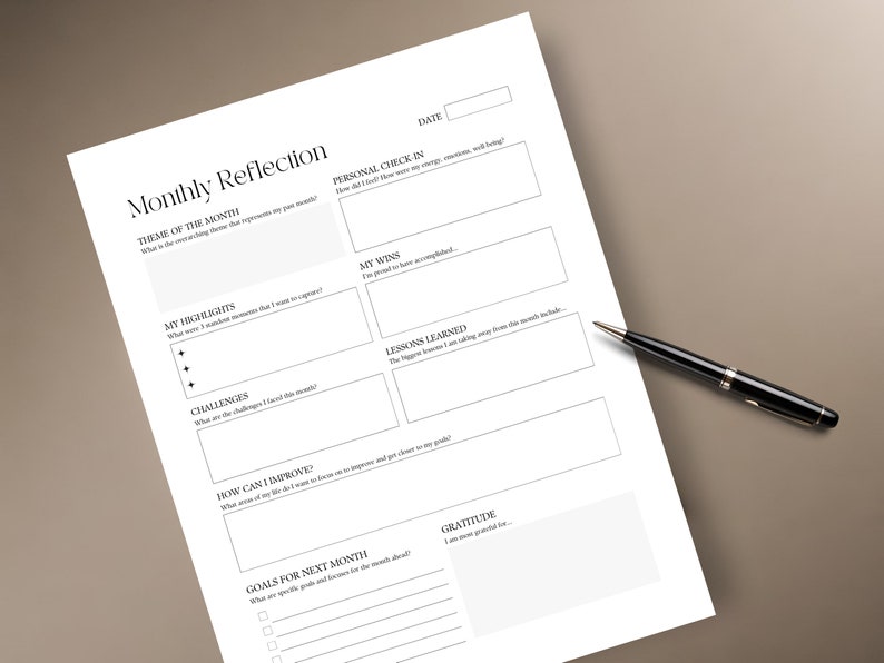 Monthly Reflection Printable - Monthly Review - Monthly Planner - Self-Improvement Worksheet - A4 & US Letter - Instant Download PDF