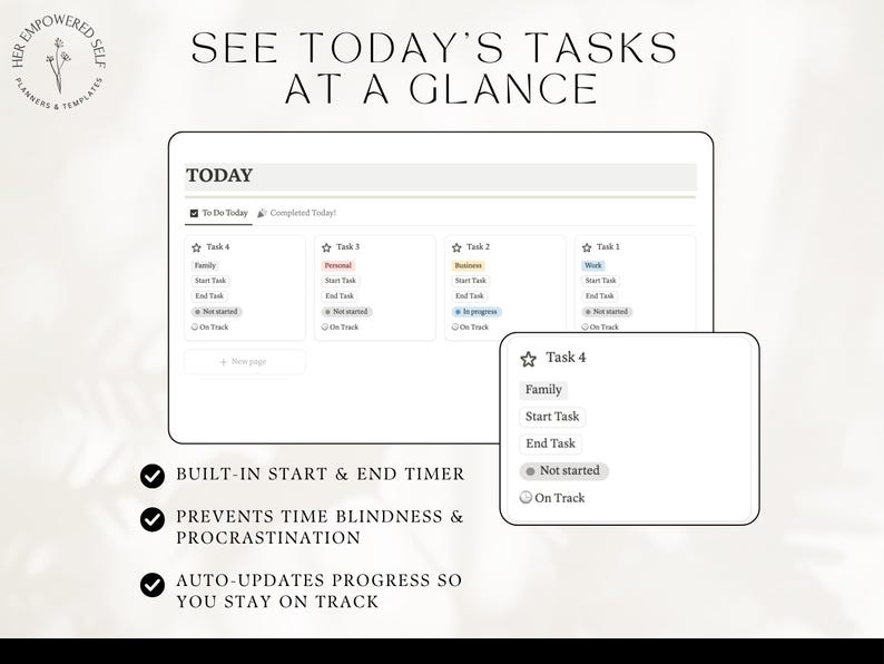 see today's tasks at a glance, time tracker with start/end buttons, tasks prioritized for you, time management