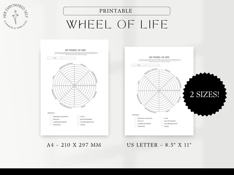 2 sizes, Wheel of Life Template, Self-reflection sheets, A4, US Letter, Journal Prompts, Coaching template, Guided prompts