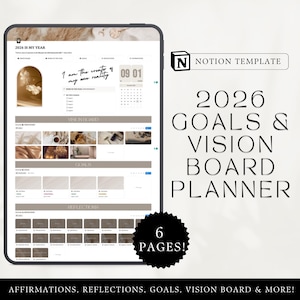 Digitale doelenplanner en visionboard voor 2026, Notion-sjabloon, levensplanner, maandelijkse doelentracker, affirmaties en reflectietool, Aesthetic Notion