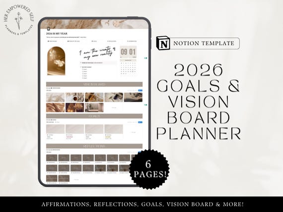 2026 Digital Goal Planner & Vision Board Notion Template Life Planner Monthly Goal Tracker Affirmations and Reflection Tool Aesthetic Notion