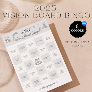 Modèle de bingo Vision Board pour 2025 - Modifiable imprimable pour les objectifs - Vision Board Party - Résolution du Nouvel An - Kit de tableau de vision esthétique