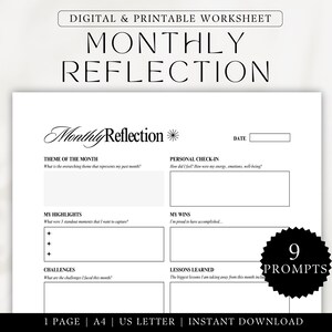 Páginas imprimibles de reflexiones mensuales Planificador mensual estético Hoja de trabajo de superación personal A4 Carta de EE. UU. Revisión mensual digital PDF
