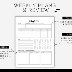 weekly plans and review, planning, habit tracker, reflection. week 1 mock up, reflection planner