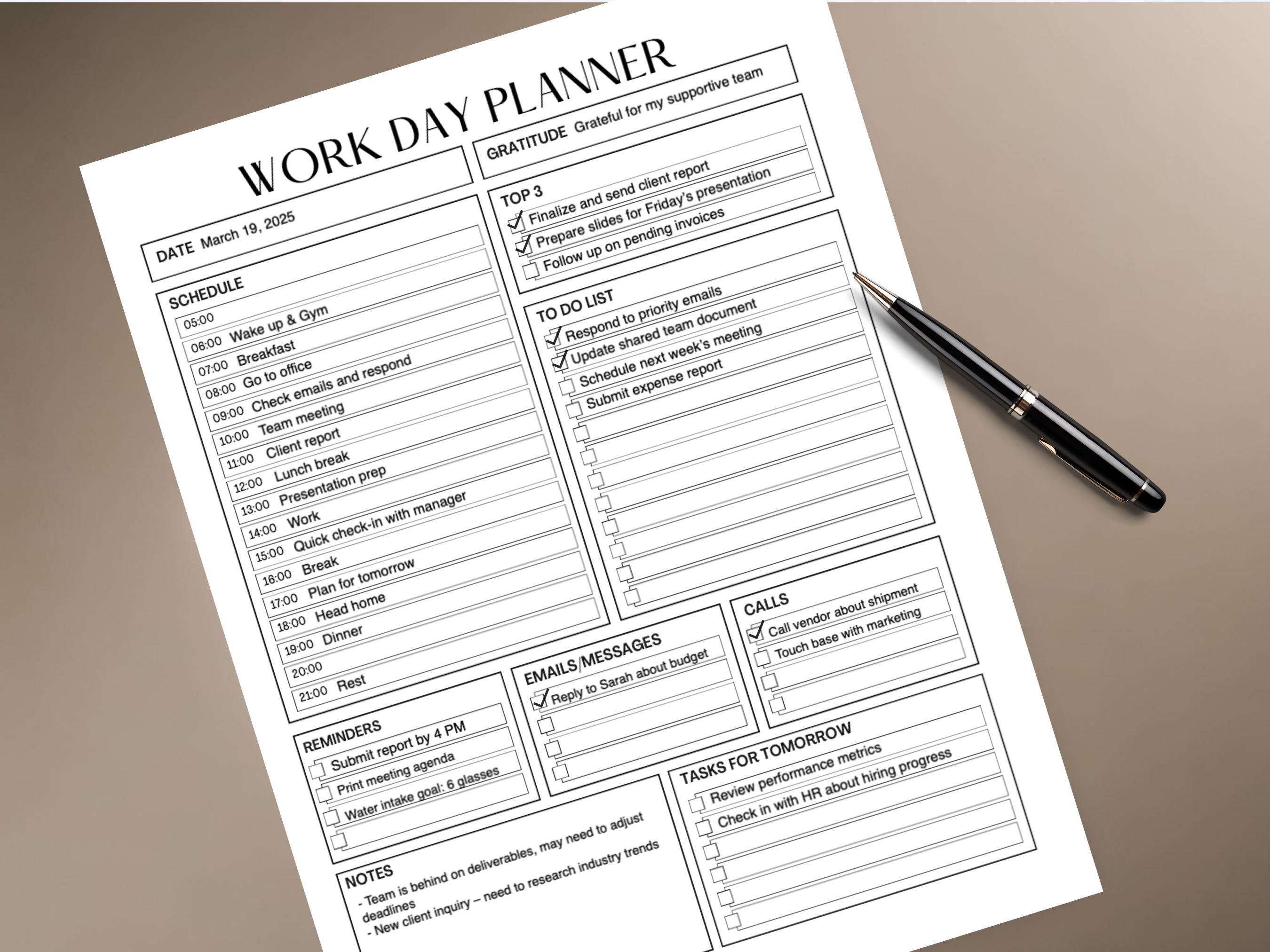 Editable Work Day Planner Printable PDF Daily Work Schedule Template ...