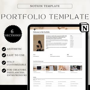 Modelo de portfólio Notion para freelancers, empreendedores, criadores, modelo de portfólio Notion editável, portfólio de design de currículo Notion estético