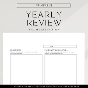Revisión anual de reflexiones y objetivos de 2025 - PDF imprimible en carta A4 y EE. UU. - Diario de superación personal - Revisión anual - Descarga instantánea
