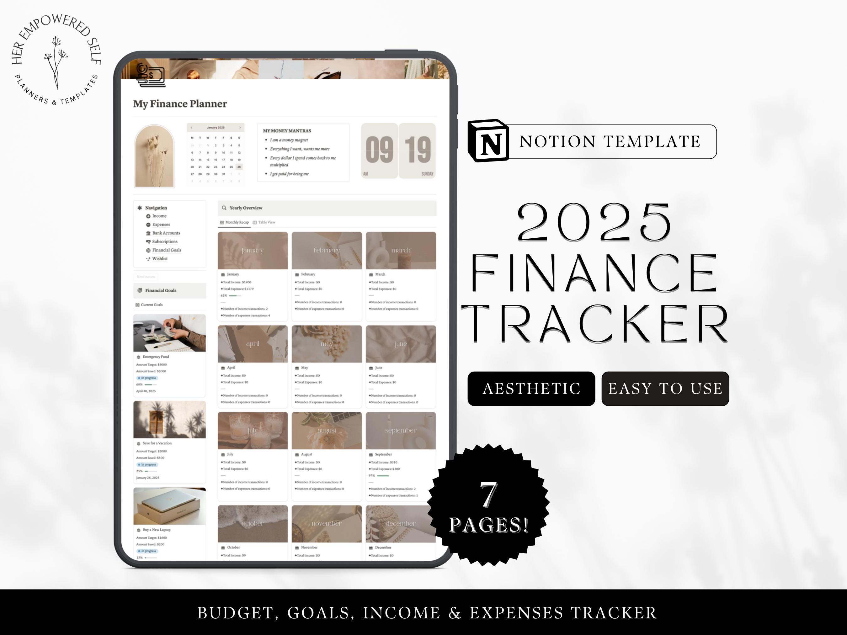 Finance Planner Notion Template 2025 Aesthetic Budget Tracker Monthly Goals Income Expenses Notion Dashboard 2025 Notion Budget Template