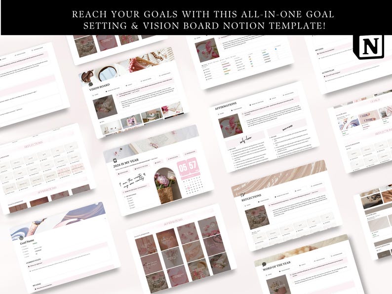 Goal Planner 2026 & Vision Board Pink Notion Template Life Planner ...