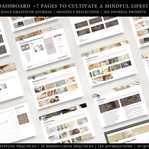 flatlay of the notion dashboard, and 7 pages for cultivating a mindful life, gratitude journal, reflection, journal prompts, gratitude practices, mindfulness practices, affirmations, quotes