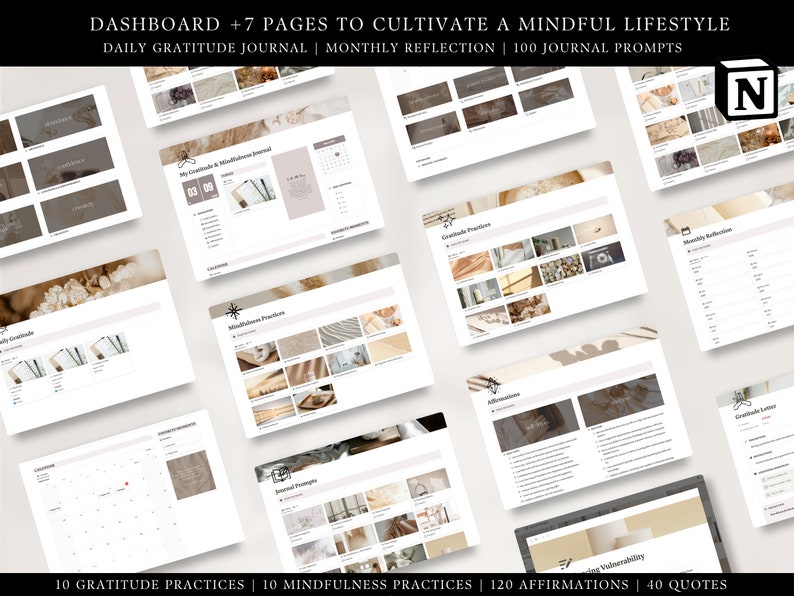 flatlay of the notion dashboard, and 7 pages for cultivating a mindful life, gratitude journal, reflection, journal prompts, gratitude practices, mindfulness practices, affirmations, quotes