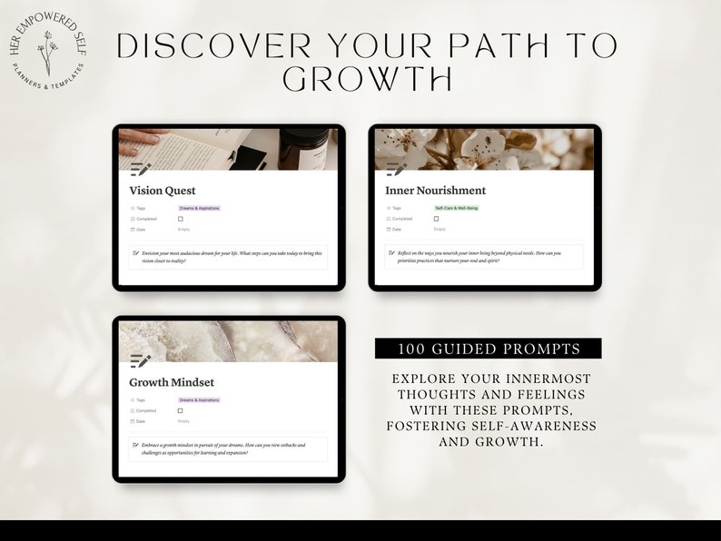 discover your path to growth, 3 examples of the journal prompts, 100 guided prompts, explore your thoughts and feelings with these prompts