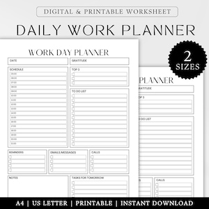 Può includere: Pianificatore di lavoro giornaliero stampabile in due formati, A4 e US Letter. Il pianificatore include sezioni per l'orario, la gratitudine, i 3 migliori, la lista di cose da fare, i promemoria, le e-mail, le chiamate, le note e le attività per domani.