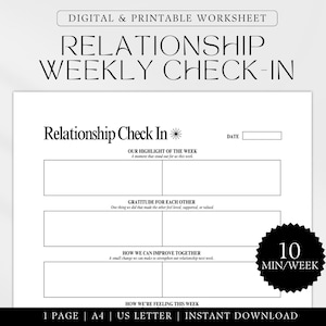 Könnte beinhalten: Ein druckbares Arbeitsblatt mit dem Titel "Relationship Weekly Check-In" mit Abschnitten für "Unser Highlight der Woche", "Dankbarkeit füreinander", "Wie wir uns gemeinsam verbessern können" und "Wie wir uns diese Woche fühlen". Das Arbeitsblatt enthält auch eine Zeitschätzung von 10 Minuten.