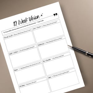 May include: A white paper titled "12 Week Vision" with fillable sections for personal goals, career, relationships, and more. A black pen rests on the paper, ready for use. The paper has a quote at the top.