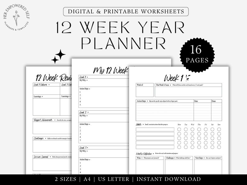 digital and printable worksheets, 12 week year planner, my 12 week year, life vision, dream like, 16 pages, aesthetic script, mock up of 3 pages