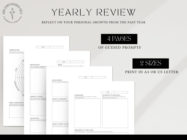 4 pages of guided prompts, 2 sizes, instant download, annual review