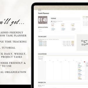 you'll get an all in one task manager dashboard, simple time tracking, full tutorial, track daily, weekly, project tasks, beginner friendly, fully customizable, boost productivity, stay organized, adhd friendly, simple