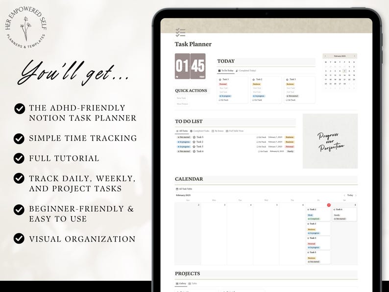 you'll get an all in one task manager dashboard, simple time tracking, full tutorial, track daily, weekly, project tasks, beginner friendly, fully customizable, boost productivity, stay organized, adhd friendly, simple