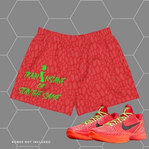 May include: Red and green basketball shorts with the text "Train Insane or Stay the Same". A pair of red and green basketball shoes are also pictured.  "Kobes not included" is written at the bottom of the image.