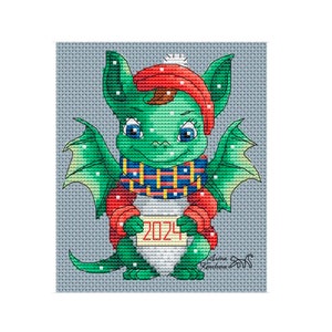 May include: A green dragon wearing a red hat, red mittens, and a blue and yellow scarf is holding a sign that says "2024".
