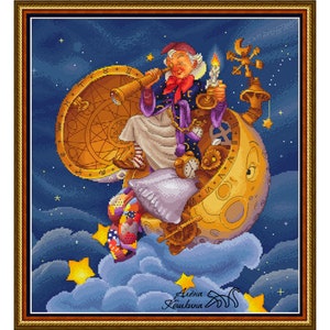 Op de afbeelding: Een fantasievolle illustratie van een persoon die op een wassende maan zit, een kaars vasthoudt en door een telescoop kijkt. De maan is versierd met klokken en tandwielen, en de achtergrond is een sterrenhemel.