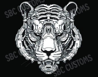 Cybernetic Tiger Face PNG | Black & White Digital Download | Futuristic Animal Design