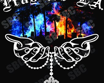 Pray for LA PNG | Praying Hands, Cross Necklace & Neon Skyline | Sublimation Digital Download