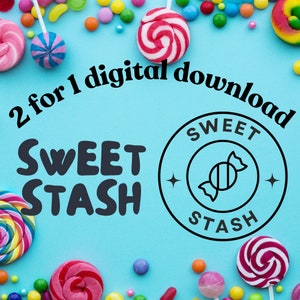 May include: A blue background with colourful candy and a logo that says "Sweet Stash" with the text "2 for 1 digital download" above it.